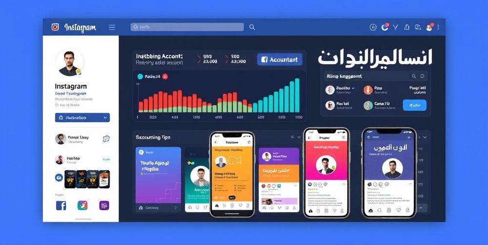 A graphic showing a business Instagram and Facebook account dashboard, featuring rising engagement charts, various colorful posts about accounting tips, and mobile phones displaying accountant profiles. Modern, friendly visual style with Persian text.