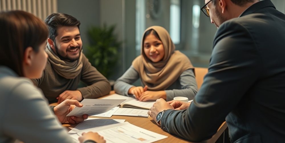 A close-up of a customer consultation in Iran. A friendly insurance agent discusses policy benefits with a young family, brochures and documents on the table, warm lighting suggesting trust and rapport.