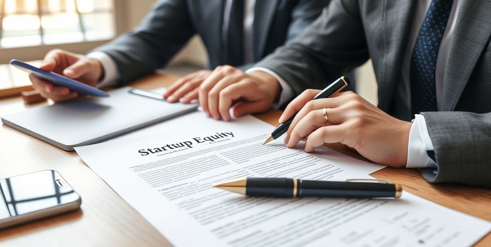 A close-up of a legal contract about startup equity, surrounded by digital devices, a pen, and a lawyer reviewing details with a smartly dressed investor in a modern office setting, symbolizing due diligence.