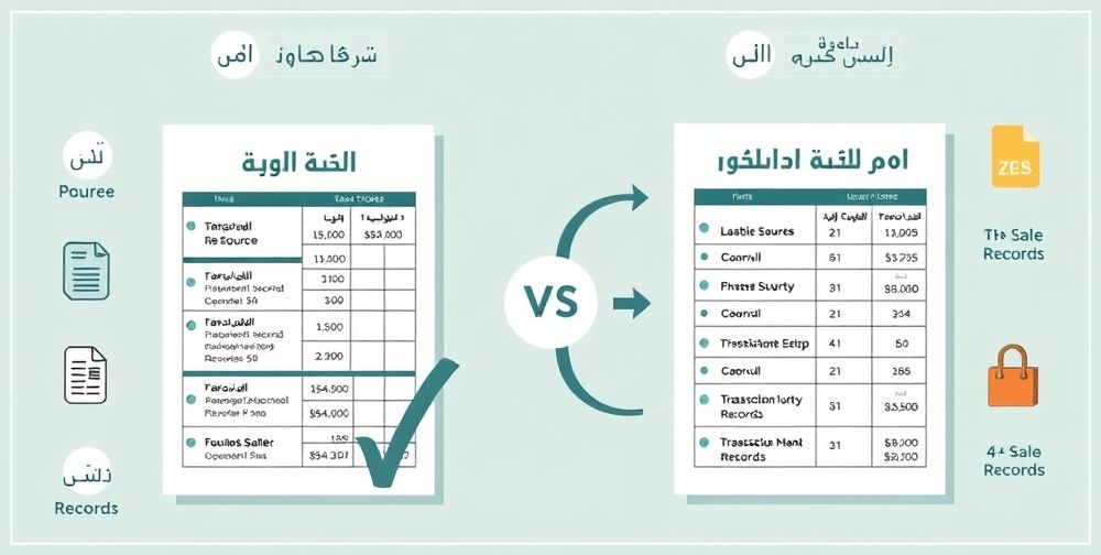 A detailed infographic-style scene comparing two Persian tax forms: one labeled "مالیات بر درآمد" with income sources, and the other "مالیات بر ارزش افزوده" marked with transaction and sale records. Visual icons and process arrows highlight differences, making the comparison easily understandable.