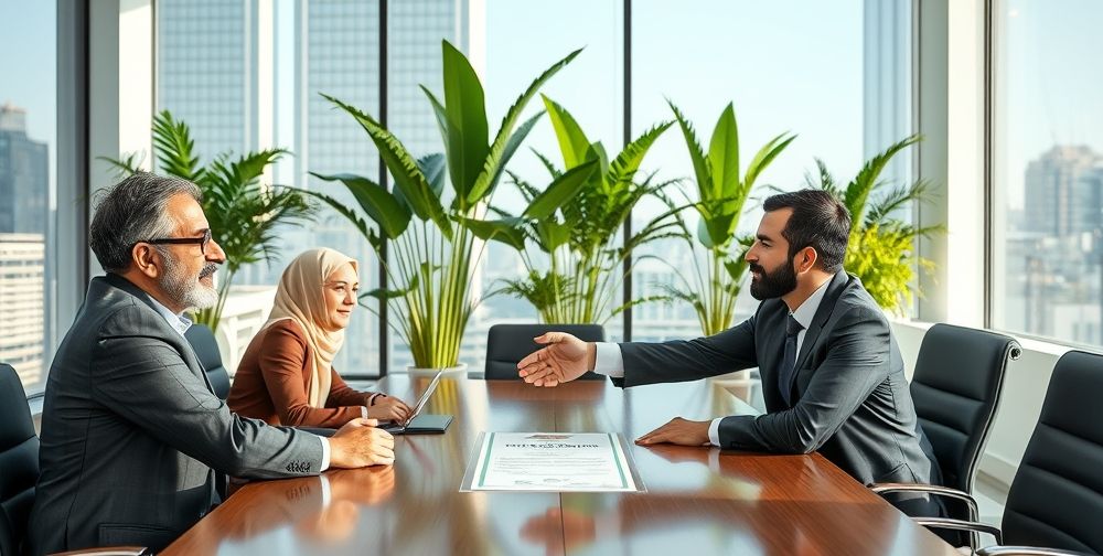A bright conference room in a high-rise city building, Persian businesspeople shaking hands after a successful partnership deal, a certificate of group life insurance on the table, backdrop decorated with lush green indoor plants suggesting sustainability and trust.