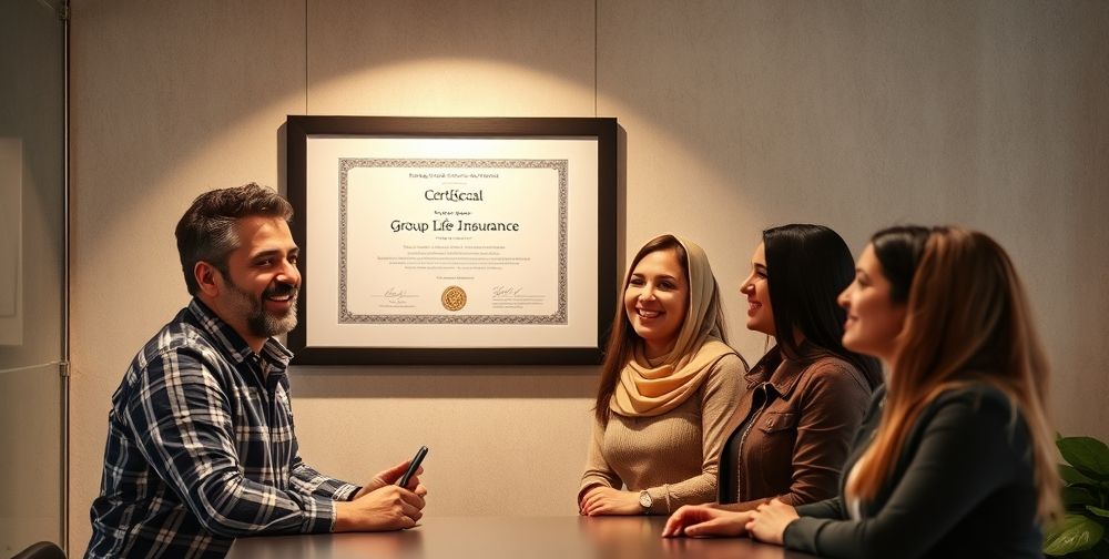 An optimistic scene of a small Persian business, owner and staff celebrating a milestone. A professional certificate of group life insurance framed on the wall, soft golden light symbolizing a secure promising future.