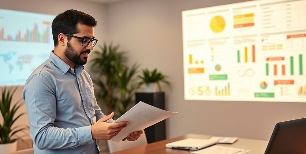 Persian accounting consultant explaining balance sheet to a small business owner; colorful infographics projected on the wall, teamwork, warm indoor office lighting, and Persian documents.