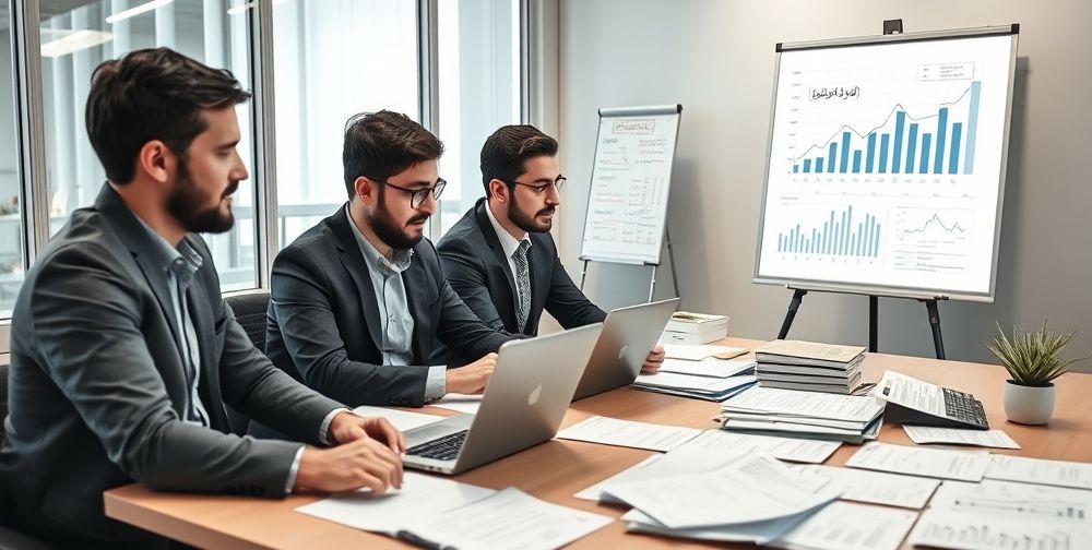A modern office setting with a team of professional accountants analyzing financial statements and data on laptops, lots of Persian documents on desks, and a whiteboard showing financial graphs, highlighting expertise and teamwork.