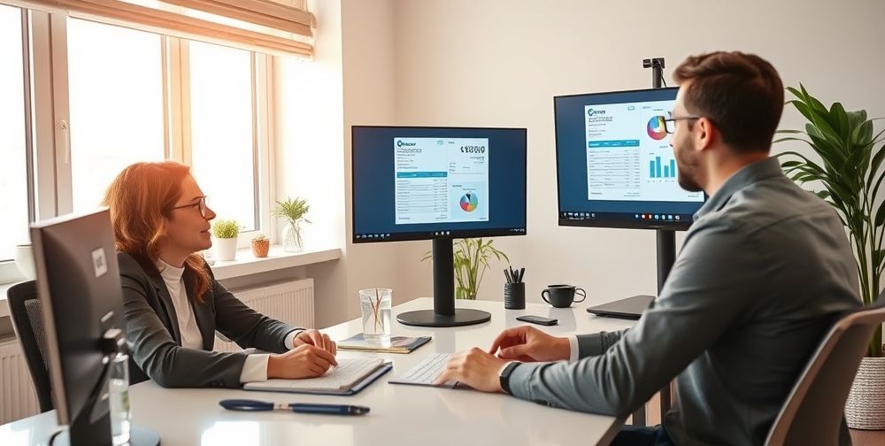 An accountant sitting at a bright workspace, chatting with a client on a video call, both reviewing documents on their screens, with visible Persian invoices and charts, emphasizing remote, supportive accounting service.