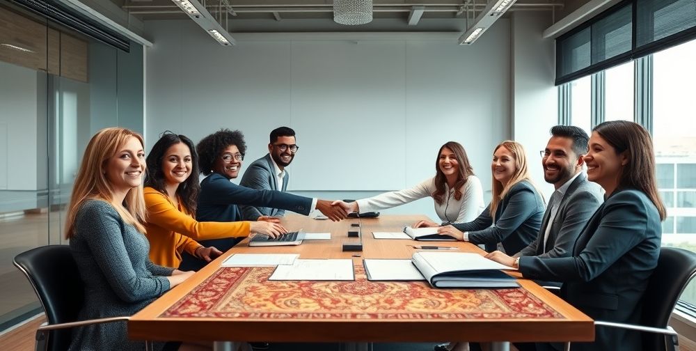 A well-lit conference room with a diverse team of business owners smiling, shaking hands with accounting professionals after a successful collaboration, Persian charts and contract folders on the table, representing trust and partnership.
