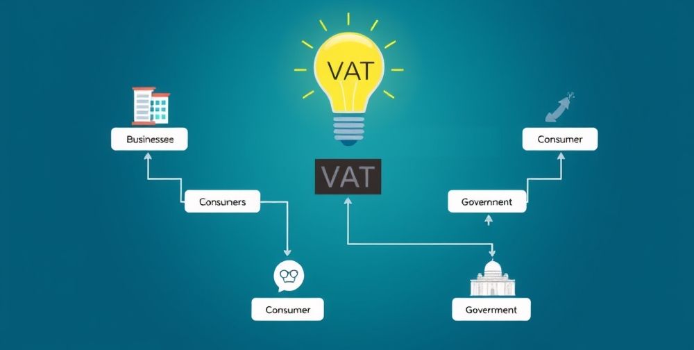 A schematic illustration showing a flowchart of the VAT process in Iran, with icons for businesses, consumers, government, and clear Persian labels. A light bulb represents knowledge and understanding.