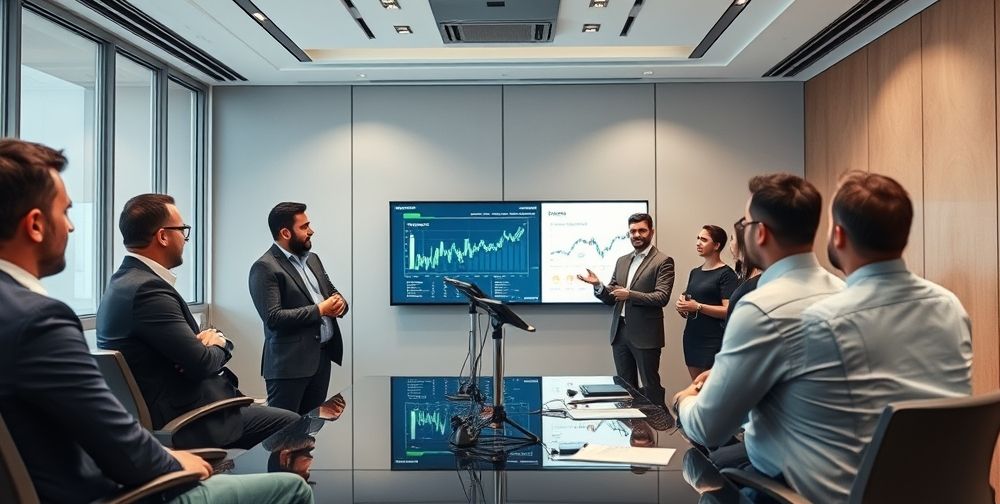 A team of Iranian entrepreneurs presenting their innovative technology solution to a group of international venture capitalists in a modern conference room, with diverse cultural dress and body language, digital screens showing business data, and a sense of excited collaboration.