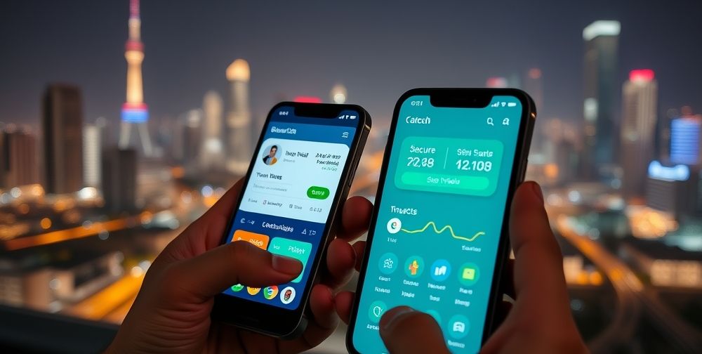 Closeup of Iranian fintech app on smartphones, showing colorful transaction stats, happy users, secure digital wallets, and urban night skyline in the background to convey trust and tech advancement.
