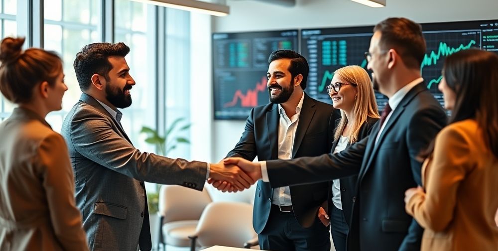 A confident Persian startup founder shaking hands with a diverse group of investors in a bright modern office, with financial charts on digital screens, symbolizing trust, partnership, and growth in fintech investment.