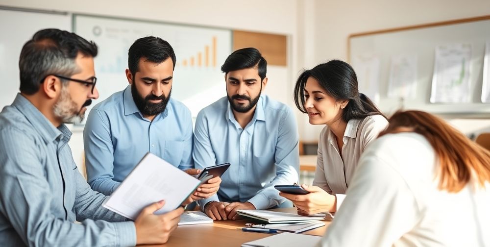 An Iranian insurance team reviewing a sales training book, two people practicing objection handling in Persian with notepads, a sunlit meeting room with whiteboard and financial charts on the walls.