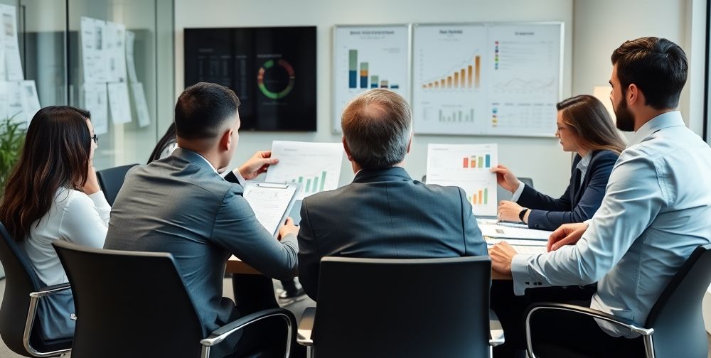 A business meeting where accounting and finance professionals review and analyze colorful charts and documents. The environment exudes collaboration, trust, and modern financial management.
