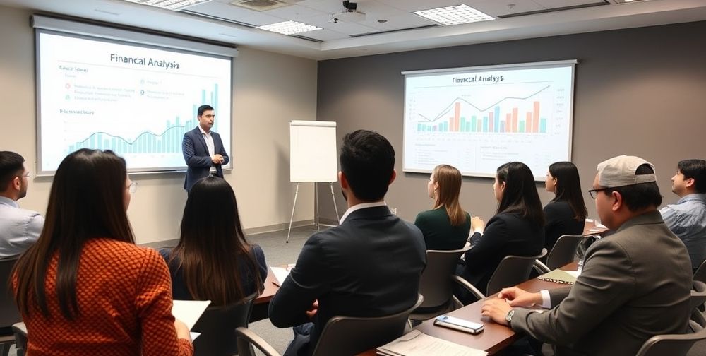 An engaging training session for young Iranian accountants, with a professional speaker explaining financial analysis in front of a whiteboard featuring graphs and charts. The audience is attentive, jotting notes. Contemporary office furniture and educational materials create a dynamic learning environment.