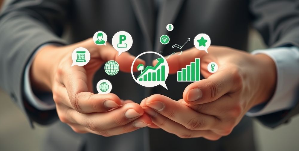 A close-up of hands exchanging digital contracts with visible icons of startups, green growth charts, and diverse faces behind, symbolizing ethical investment and social impact in the Iranian startup ecosystem.