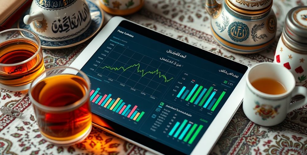 A close-up of financial data on a Persian-language accounting dashboard displayed on a tablet, surrounded by traditional Iranian tea and stationary, symbolizing the meeting point of technology and cultural business practices.