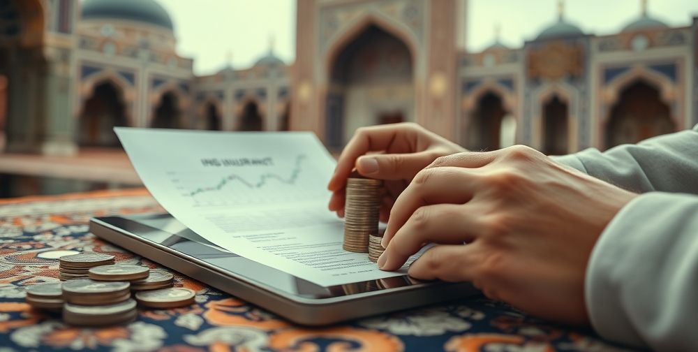 A close-up of hands stacking coins, holding an insurance contract beside a digital tablet displaying a rising financial chart, surrounded by soft-focus Persian architectural details.