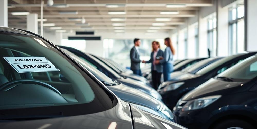 A dynamic, well-lit car showroom scene with several used cars lined up, each showing a visible insurance sticker or tag on the windshield, and potential buyers engaging in negotiation, symbolizing how comprehensive car insurance impacts buyer interest and resale value.
