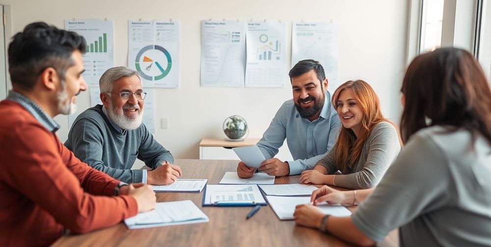 An Iranian family gathered around a table, discussing financial documents with a smiling consultant in a modern office. The room contains charts about life insurance on the wall, and there's a soft natural light reflecting a calm, hopeful atmosphere.
