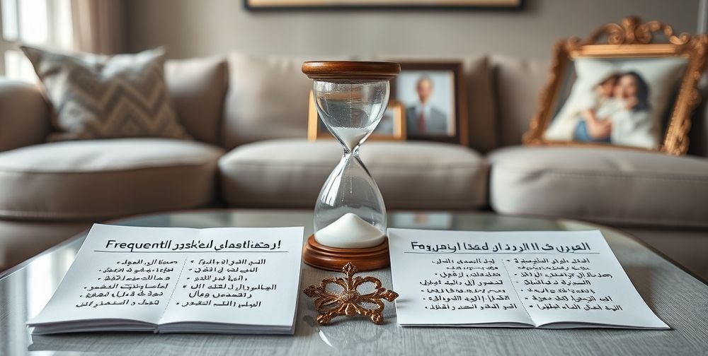 Elegant layout with frequently asked questions about life insurance written in Persian script on notepads, with an hourglass and family photo frames in a softly lit living room setting. A sense of assurance and support is evident in the scene.