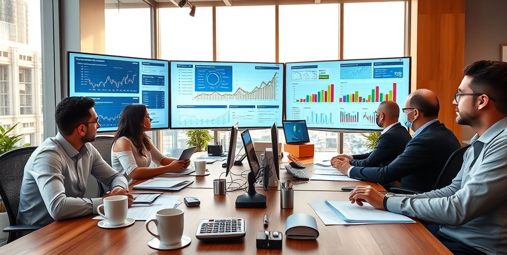 A modern accounting office with Persian and international accountants analyzing financial reports on large monitors, using advanced accounting software and digital graphs. There are documents, a calculator, and coffee mugs on the table.