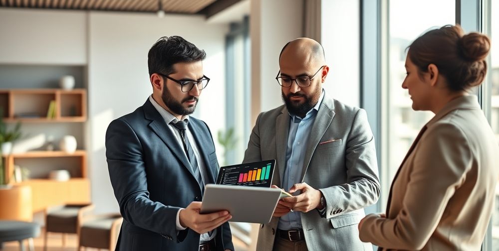 An Iranian finance expert consulting with a business owner in a modern office, charts and financial data displayed on a tablet, showing a client-centric, strategic accounting meeting with attentive body language.