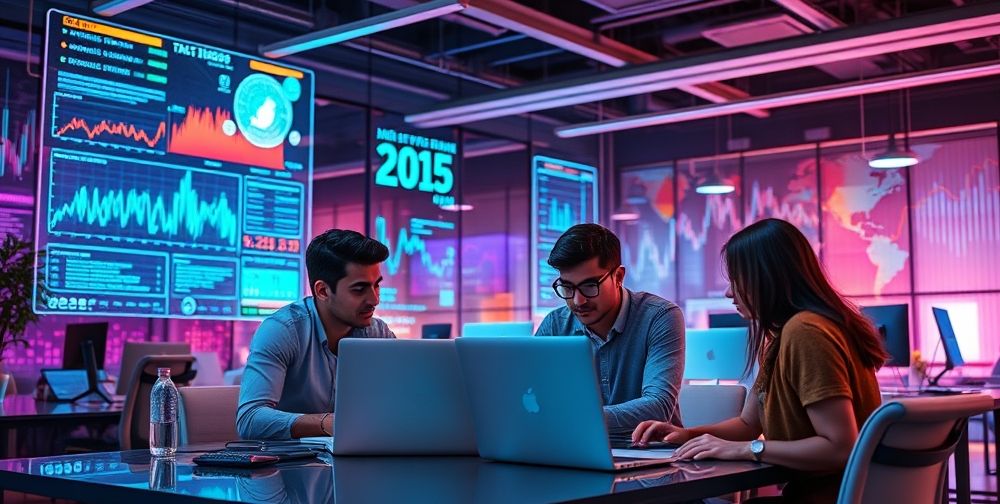 A futuristic Persian fintech workspace featuring dynamic data screens, tax strategy reports, and young investors collaborating over laptop computers, surrounded by virtual charts and Persian pop-art décor.