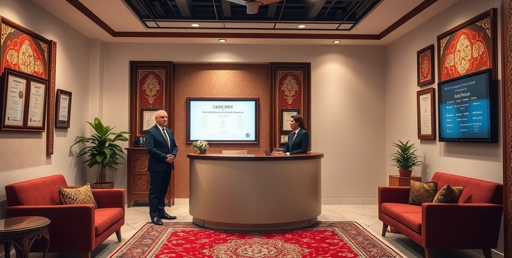 A welcoming Persian office reception space with accounting team greeting diverse business owners, professional certificates on the walls, and a digital display showing client satisfaction ratings. Friendly atmosphere with traditional Persian design touches.