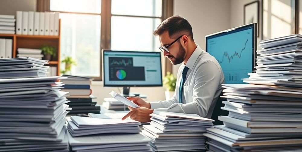 A modern Iranian accountant in an organized office, surrounded by stacks of reports with highlighted tax forms, crunching numbers on a computer screen, and referencing printed Iranian tax law books. Natural daylight shines through the window, creating a professional atmosphere.