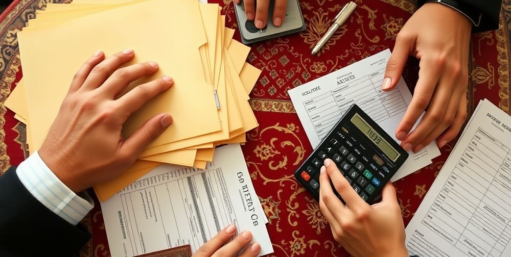 A close-up of organized folders labeled with Persian tax years, stamped invoices, and a calculator on a traditional Persian patterned desk. Two hands organize papers, illustrating careful tax documentation.