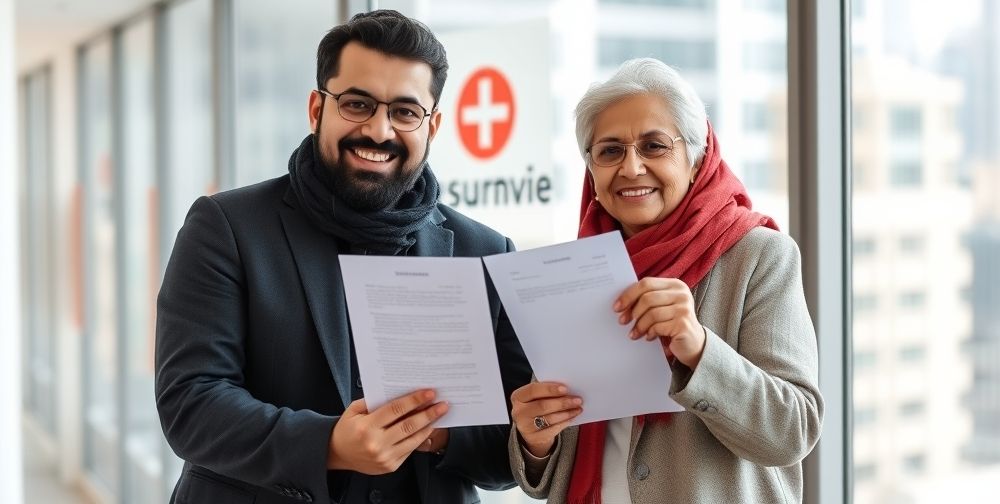 Two smiling Persian families, one young and one retired, holding official insurance renewal documents in their hands, with a modern cityscape window background and an insurance company logo visible behind.