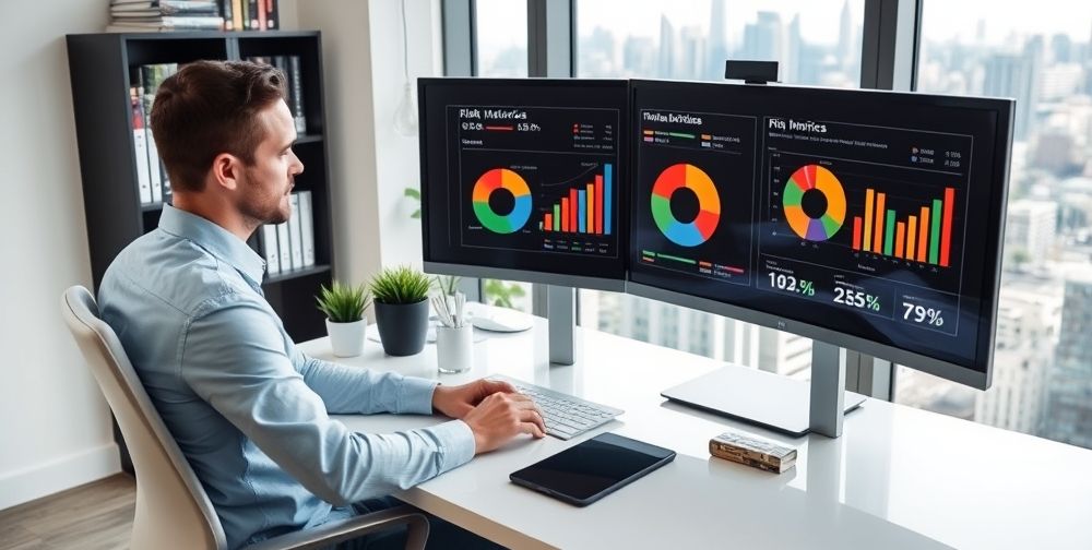 An accountant sits at a sleek desk with dual monitors, analyzing risk matrices and colorful pie charts, with shelves of finance books and a window overlooking a city skyline behind.