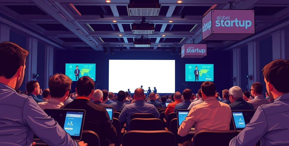 A candid backstage view of entrepreneurs preparing their presentations, animated discussions over laptops, investor judges in serious deliberation, and banners of famous global startup events.
