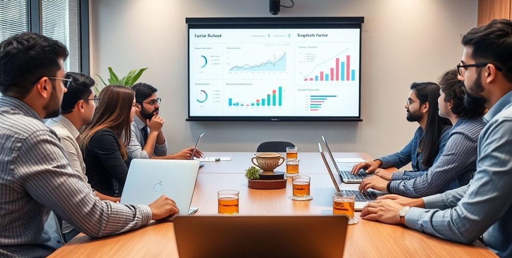 A team of diverse Persian business managers in a modern conference room studying accounting dashboards projected onto a screen, discussing financial KPIs, with laptops, papers, and tea glasses on the table.