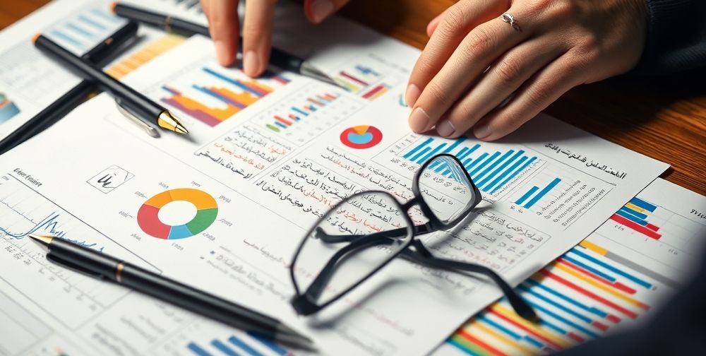 A close-up of hands reviewing a detailed Persian financial report with colorful charts and Persian text, pens and glasses on the page, symbolizing financial review and professional accounting solutions.