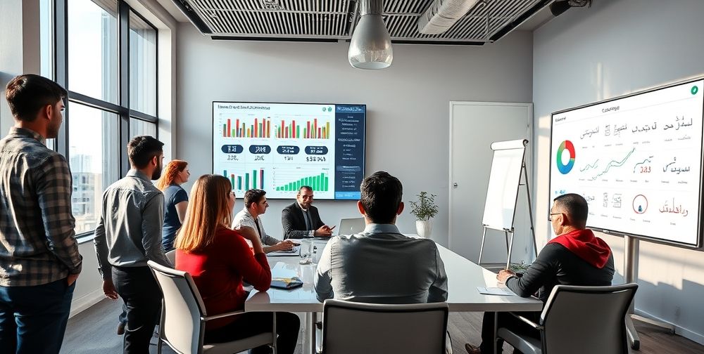 A modern Iranian company meeting room, filled with multicultural team members discussing financial reports and savings strategy, display screens showing cost reduction graphs, and a whiteboard with accounting keywords written in Farsi.