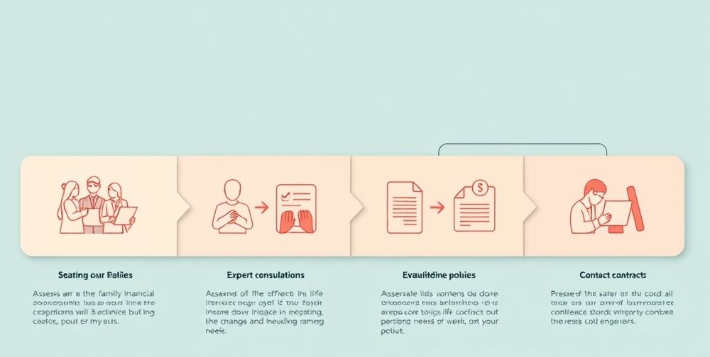 A detailed infographic-style illustration showing the step-by-step process of investing in life insurance in Iran: establishing family needs, consulting experts, comparing plans, and finalizing contracts. Soft Persian colors and clear icons for each step.