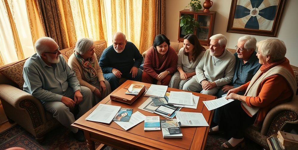 A multi-generational Iranian family at home: grandparents, parents, and children gathered around, discussing life insurance options, financial documents, and laughter, symbolizing generations of support and security