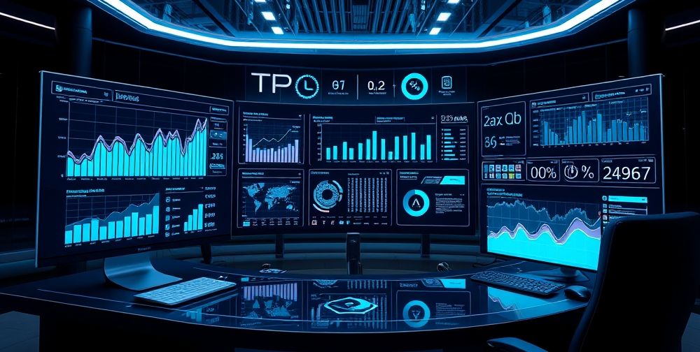 A high-tech financial dashboard with interactive graphs, AI prediction models, and digital assistants analyzing complex accounting data, all viewed on sleek futuristic monitors.
