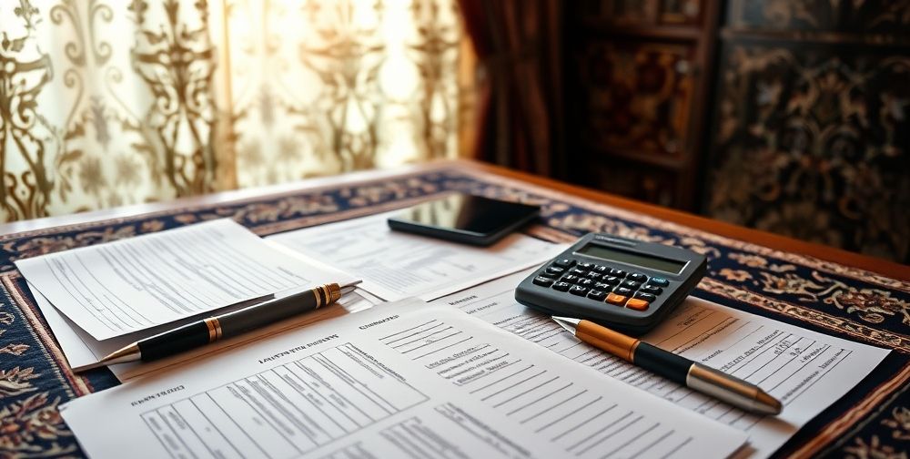 A close-up of financial documentation spread out on a wooden Persian desk. The scene features handwritten notes, printed tax forms, a calculator, and a pen, with soft daylight filtering through patterned curtains, symbolizing attention to tax detail.