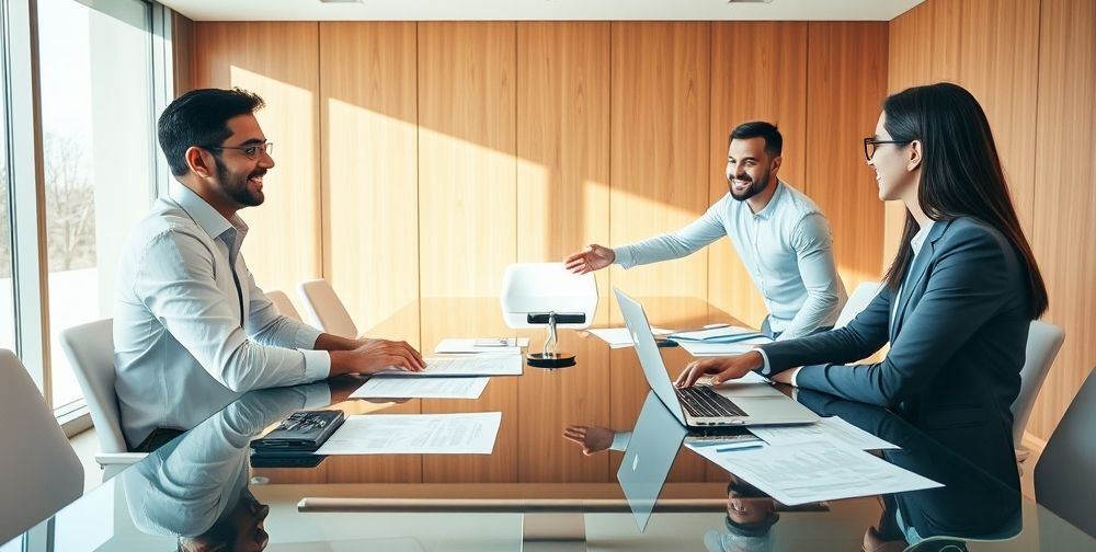 Two Persian business owners in a modern conference room smiling and shaking hands with their new accounting team. Documents, laptops, and a contract are visibly spread across the table, with a warm, inviting atmosphere highlighting the importance of trust and partnership.