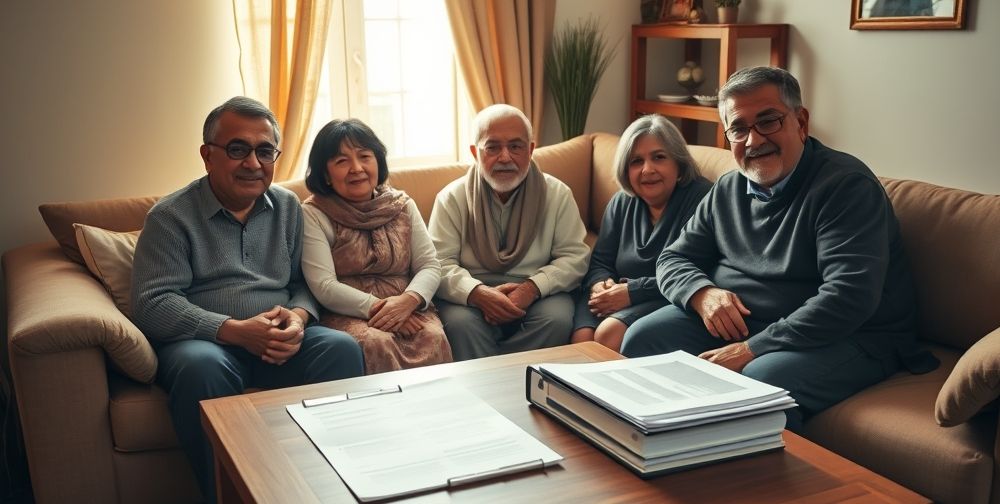 A comforting scene of a multi-generational Persian family sitting together in a cozy living room, documents and an insurance folder on the table, everyone feeling secure and reassured, natural daylight streaming through the window.