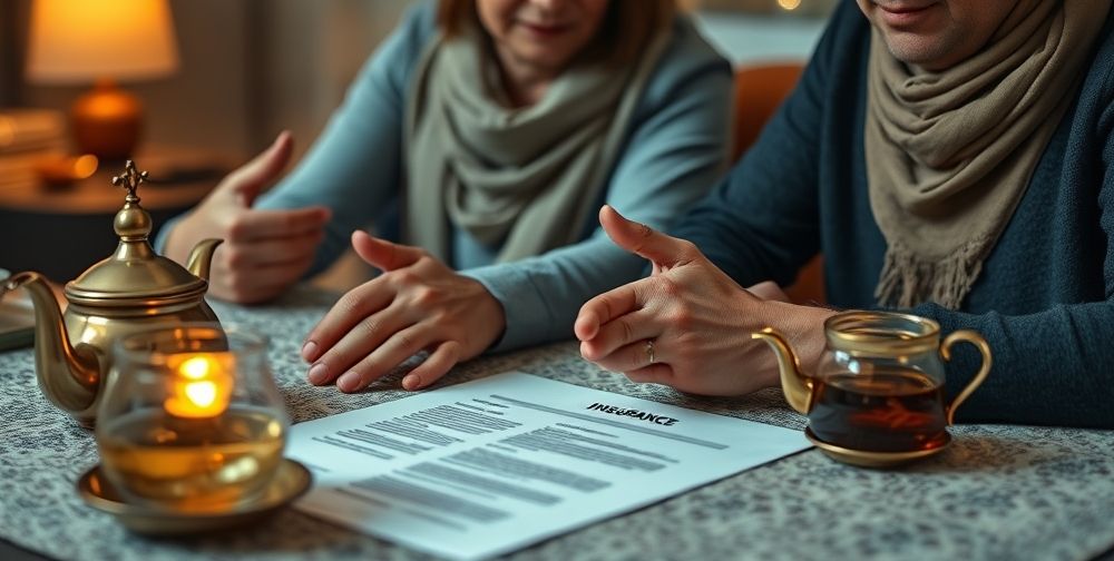 A close-up of a Persian insurance consultant reassuring a worried middle-aged couple with gentle gestures, open insurance contract visible, traditional tea set on the table, warm indoor lighting.