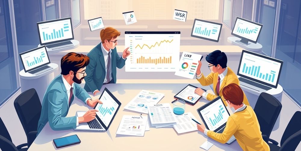 A detailed visualization of popular accounting software interfaces on laptops and tablets, surrounded by professionals discussing financial graphs and real-world contracts, highlighting technological adaptation in business.