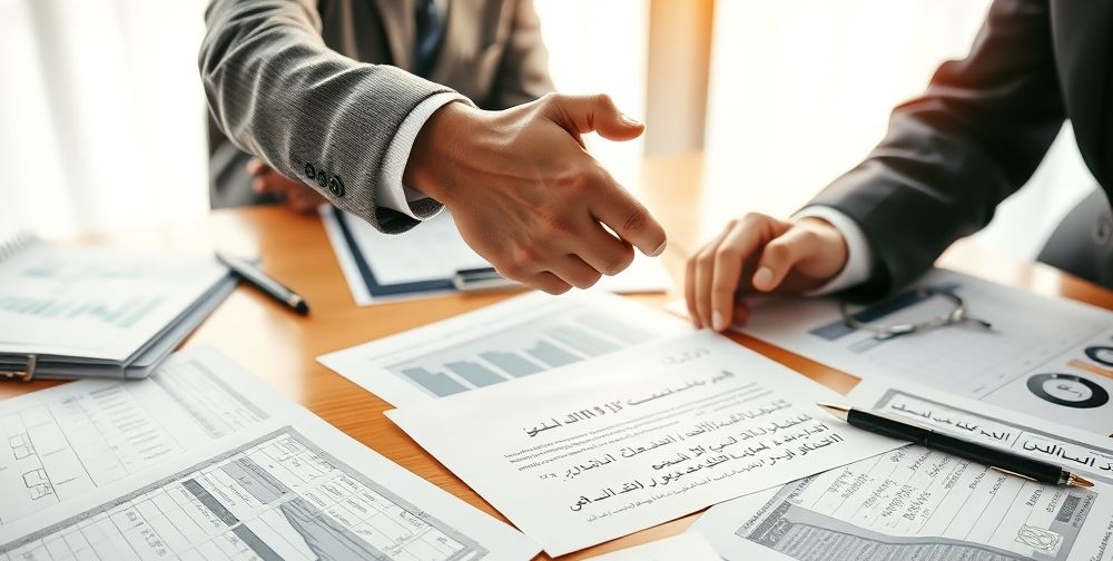 A close-up scene of a business executive and an accountant shaking hands over a signed contract, with financial charts, ledgers, and Persian paperwork spread on the table, symbolizing trust and collaboration.