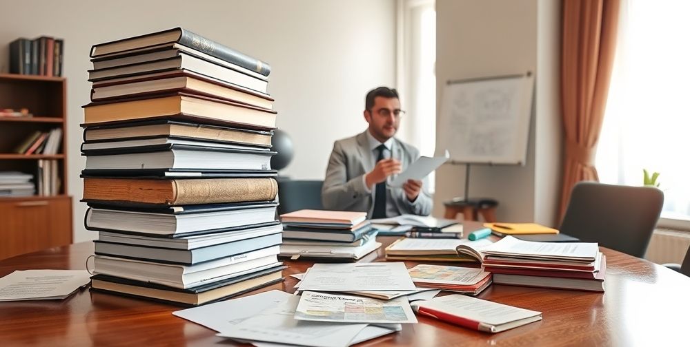 A stack of updated Persian law books, official government documents, and a tax officer explaining new tax regulations to a small group of business owners, set on a wooden desk surrounded by folders and stationery.