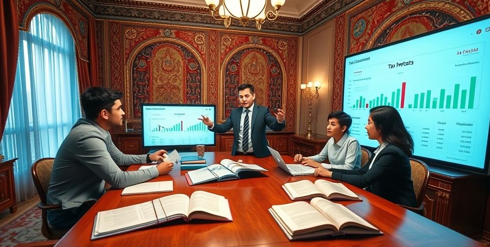 A motivated accountant in a Persian office, leading a collaborative training session with younger team members, a large screen showing a tax forecast dashboard, and books and notebooks scattered around, demonstrating team learning and future planning.