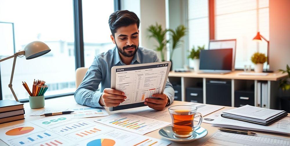 A bright workspace showing a young Persian business owner comparing online tax consulting plans on a tablet, with colorful price charts, financial documents, packed schedules, and a cup of Persian tea beside.