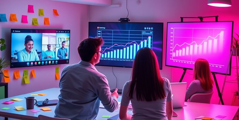 An engaging online workshop in progress: a young entrepreneur presents a digital product via video call to a small group on screens, surrounded by creative sticky notes, bright graphics, and a glowing digital sales graph on a large monitor.