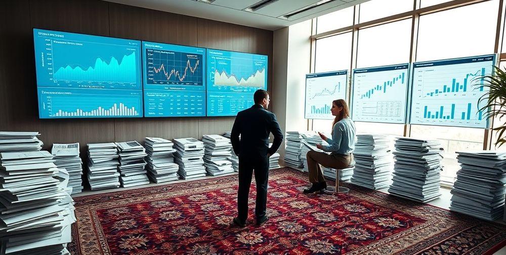 An Iranian office workspace with large financial dashboards on monitors, stacks of tax documents, traditional Persian patterns on a rug, and two finance experts reviewing graphs and statistics for company tax compliance analysis.