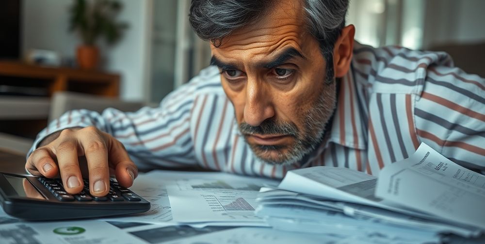 A close-up, high-resolution photo of a frustrated middle-aged Iranian man examining his disorganized bills and investment statements at home. His face shows concern, a calculator sits next to him, and there are visible financial documents with charts and numbers.